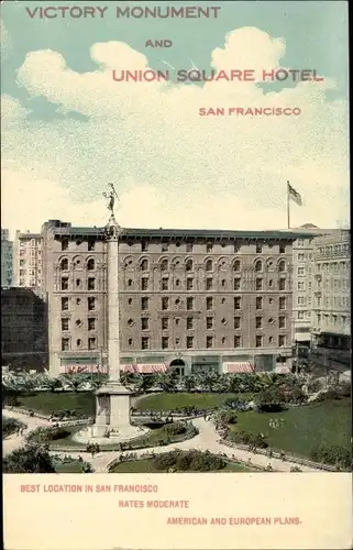 Ak San Francisco Kalifornien USA, Victory Monument, Union Square Hotel