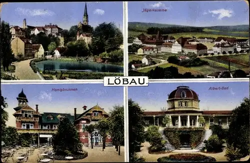 Ak Löbau in Sachsen, Jägerkaserne, Honigbrunnen, Albert Bad, Teich, Kirche