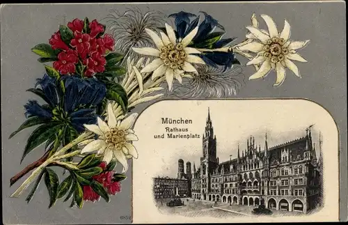 Präge Passepartout Ak München Bayern, Rathaus, Marienplatz, Blumen