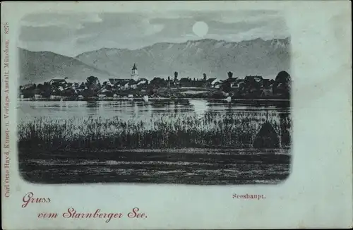 Mondschein Ak Seeshaupt am Starnberger See Oberbayern, Panorama