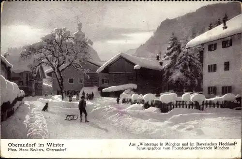 Ak Oberaudorf im Kreis Rosenheim Oberbayern, Schnee, Winterlandschaft, Schlitten