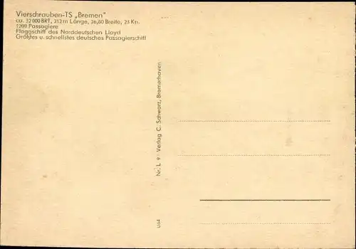 Ak Vierschrauben Turbinen Schnelldampfer Bremen, NDL
