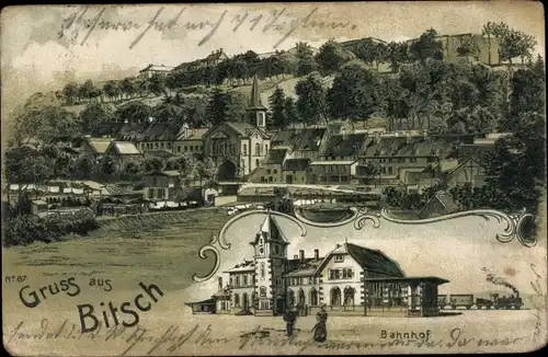 Litho Bitche Bitsch Lothringen Moselle, Bahnhof, Panorama vom Ort