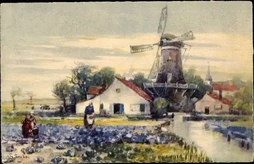 Künstler Ak Grobe, German, Landschaft mit Windmühle, Frauen auf dem Feld