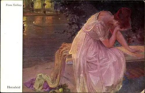 Künstler Ak Guillery, Franz, Herzeleid, weinende Frau in rosa Kleid