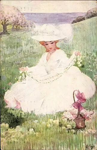 Künstler Ak Geyer, O. von, Frau in weißem Kleid auf der Wiese