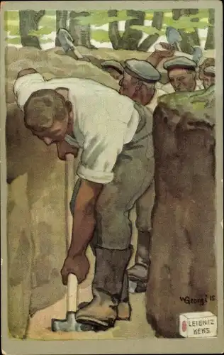 Künstler Ak Georgi, W., Soldaten beim Ausheben eines Schützengrabens, Leibniz Keks, Reklame