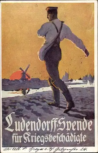 Künstler Ak Ludendorff Spende für Kriegsbeschädigte, Säer, Veteran bei Feldarbeit, I. WK