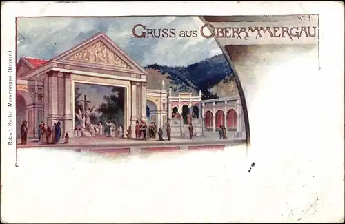 Litho Oberammergau in Oberbayern, Bühne der Passionsspiele