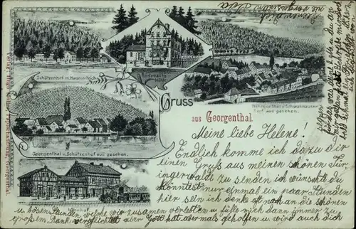 Mondschein Litho Georgenthal in Thüringen, Schützenhof, Hammerteich, Bahnhof