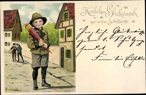 Künstler Litho Mailick, Glückwunsch Einschulung, Junge mit Zuckertüte