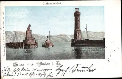 Ak Lindau am Bodensee Schwaben, Hafeneinfahrt, Leuchtturm, Salondampfer