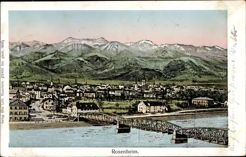 Ak Rosenheim Oberbayern, Totalansicht der Ortschaft, Brücke