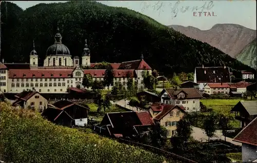 Leuchtfenster Ak Ettal Oberbayern Blick auf den Ort mit Kloster