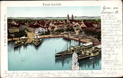 Leuchtfenster Ak Lindau am Bodensee Schwaben, Blick auf den Ort, Hafenpartie, Salondampfer