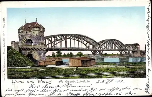 Leuchtfenster Ak Worms in Rheinland Pfalz, Blick auf die Eisenbahnbrücke