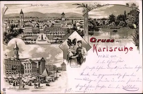Litho Karlsruhe in Baden, Badische Volkstracht, Markt, Stadtgarten, Totalansicht