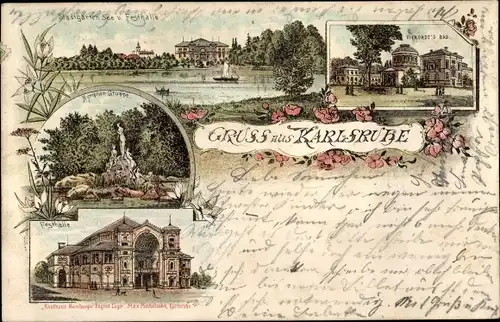 Litho Karlsruhe in Baden, Vierordt Bad, Stadtgarten, Festhalle, Nymphengruppe