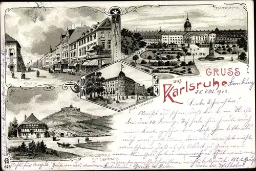 Litho Karlsruhe in Baden, Residenzschloss, Kaiserstraße, Schwarzwaldhaus mit Lauterberg