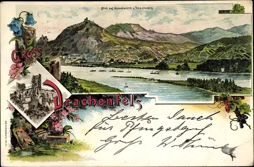 Litho Königswinter am Rhein, Drachenfels, Drachenburg, Flusspartie