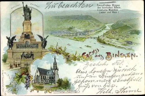 Litho Bingen am Rhein, Nationaldenkmal, St. Rochus Kapelle, Landschaft