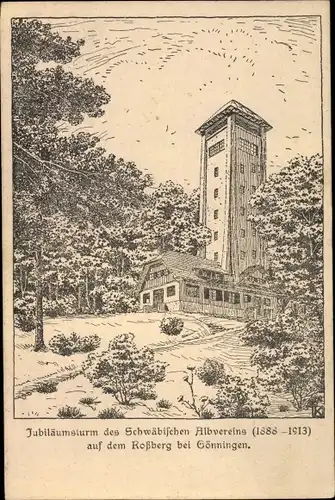 Ak Gönningen Reutlingen in Baden Württemberg, Jubiläumsturm auf dem Roßberg, Schwäb. Albverein