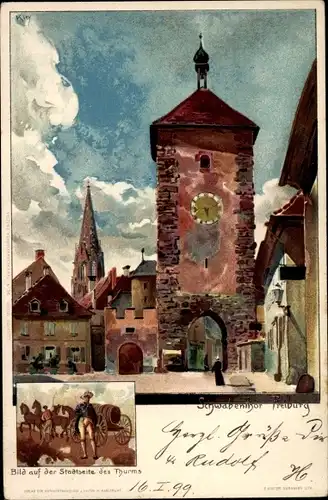 Künstler Litho Kley, H., Freiburg im Breisgau, Schwabentor, Bild auf der Stadtseite des Turms