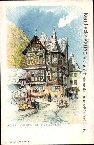 Litho Bacharach am Rhein, Alte Häuser, Reklame, Kornbeck's Kaffee Großrösterei Ulm