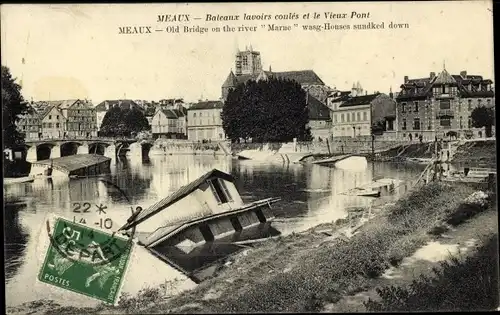 Ak Meaux Seine et Marne, Bateaux lavoirs sur la Marne coules par les Allemands, Kriegszerstörungen