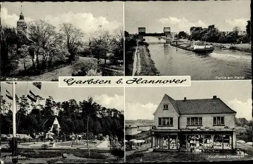 Ak Garbsen in Niedersachsen, Kanal, Kaufhaus Niemeyer, Kirche, Blauer See