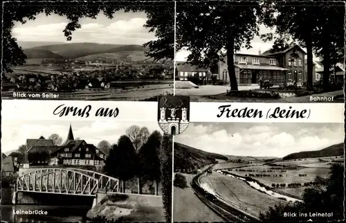 Ak Freden an der Leine Niedersachsen, Leinebrücke, Bahnhof, Panorama, Leinetal