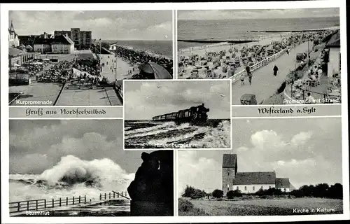 Ak Westerland auf Sylt, Kirche Keitum, Sturmflut, Promenade, Strand