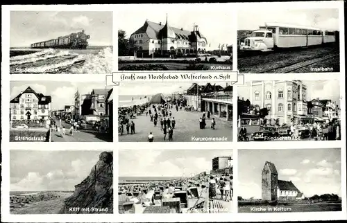 Ak Westerland auf Sylt, Kurpromenade, Hindenburgdamm, Strandstraße, Kliff, Kirche Keitum, Inselbahn