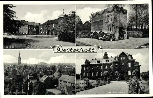 Ak Westerholt Herten im Ruhrgebiet, Schloss, Ehrenmal, Gertrudis Hospital, Panorama