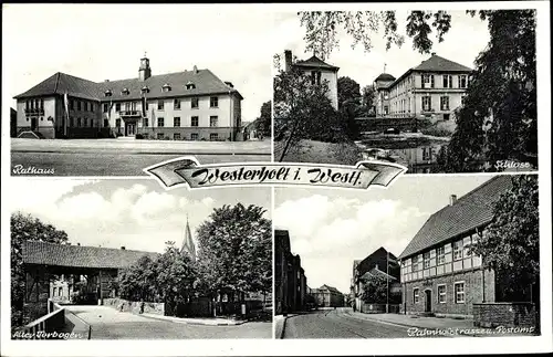 Ak Westerholt Herten im Ruhrgebiet, Schloss, Rathaus, Torbogen, Bahnhofstraße, Postamt