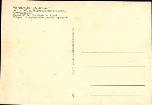 Ak Vierschrauben Turbinen Schnelldampfer Bremen, NDL