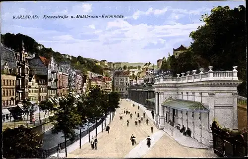 Ak Karlovy Vary Karlsbad Stadt, Kreuzstraße, Mühlbrunn Kolonnade
