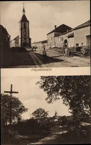 Ak Foulcrey Folkringen Lothringen Moselle, Kirche, Straßenpartie