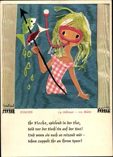Künstler Ak Sternzeichen Fische, Pisces, 19. Februar bis 20. März, Mädchen mit Schnorchel, Gedicht