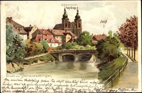 Litho Donaueschingen im Schwarzwald, Schützenbrücke, Kath. Kirche, Schloss