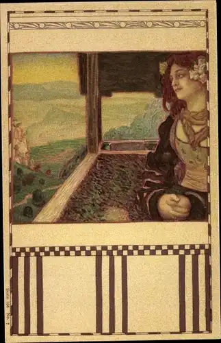 Jugendstil Litho Portrait einer jungen Frau auf einem Balkon