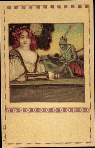 Jugendstil Litho Portrait einer rothaarigen jungen Frau, Ritter