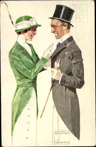 Künstler Ak Hohlwein, Ludwig, Mann im Frack mit Zylinder, Frau in grüner Jacke, Bayrischer Blumentag
