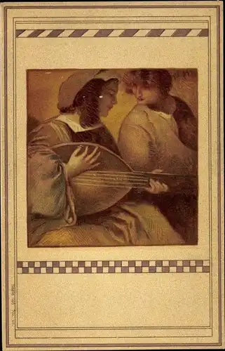 Jugendstil Litho Portrait einer jungen Frau mit Laute