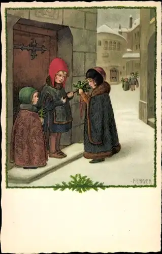 Künstler Ak Ebner, Pauli, Kinder vor einer Haustür