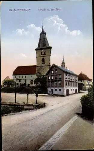 Ak Blaufelden Baden Württemberg, Ansicht der Kirche und vom Rathaus