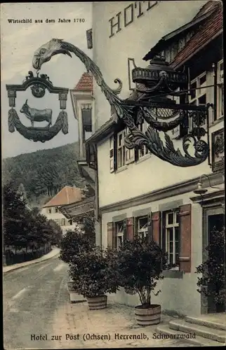 Ak Bad Herrenalb im Schwarzwald, Hotel zur Post, Ochsen, Wirtschild aus dem Jahr 1780