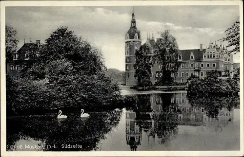 Ak Bad Muskau in der Oberlausitz, Schloss, Seepartie