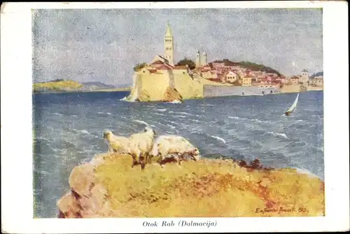 Künstler Ak Rab Kroatien, Blick zur Ortschaft, Schafe