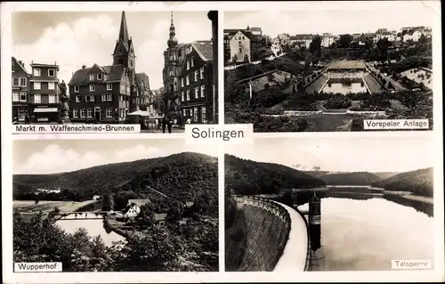 Ak Solingen, Wupperhof, Talsperre, Waffenschmied Brunnen, Vorspeler Anlage